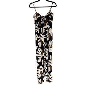 Francesca's Women's Palm Leaf Jumpsuit Black Size S Pom Pom Trim